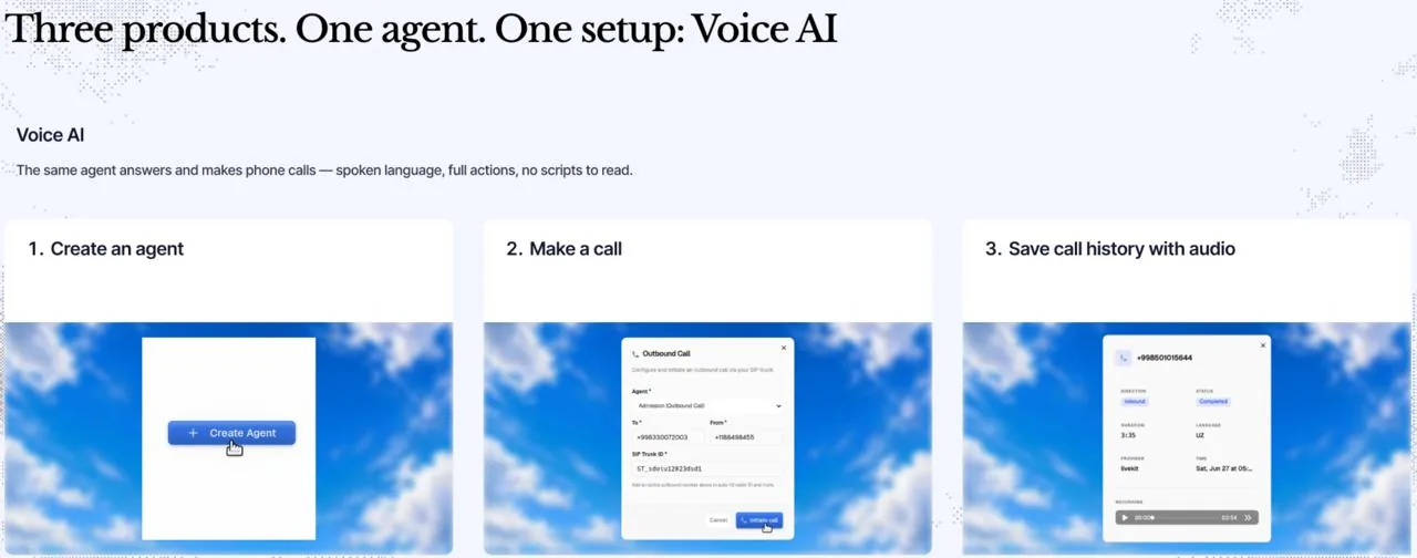 Kumush AI voice product — create an agent, make an outbound call, and save call history with audio.