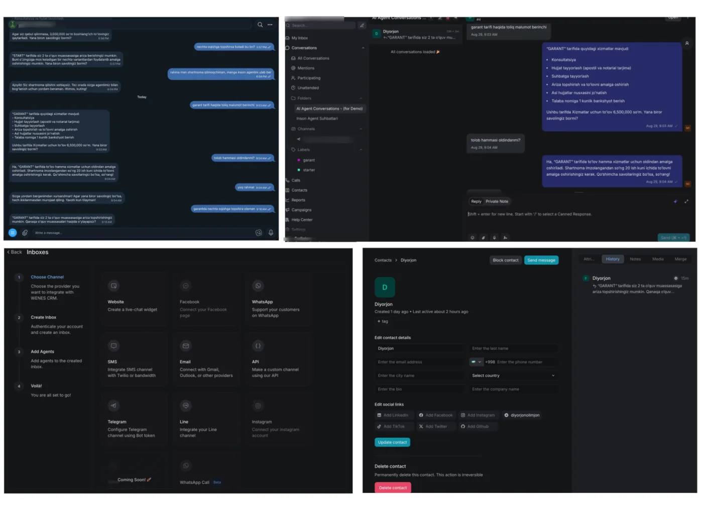 WENES CRM product screens — AI agent conversations, shared inbox, channel setup, and the contact CRM view.